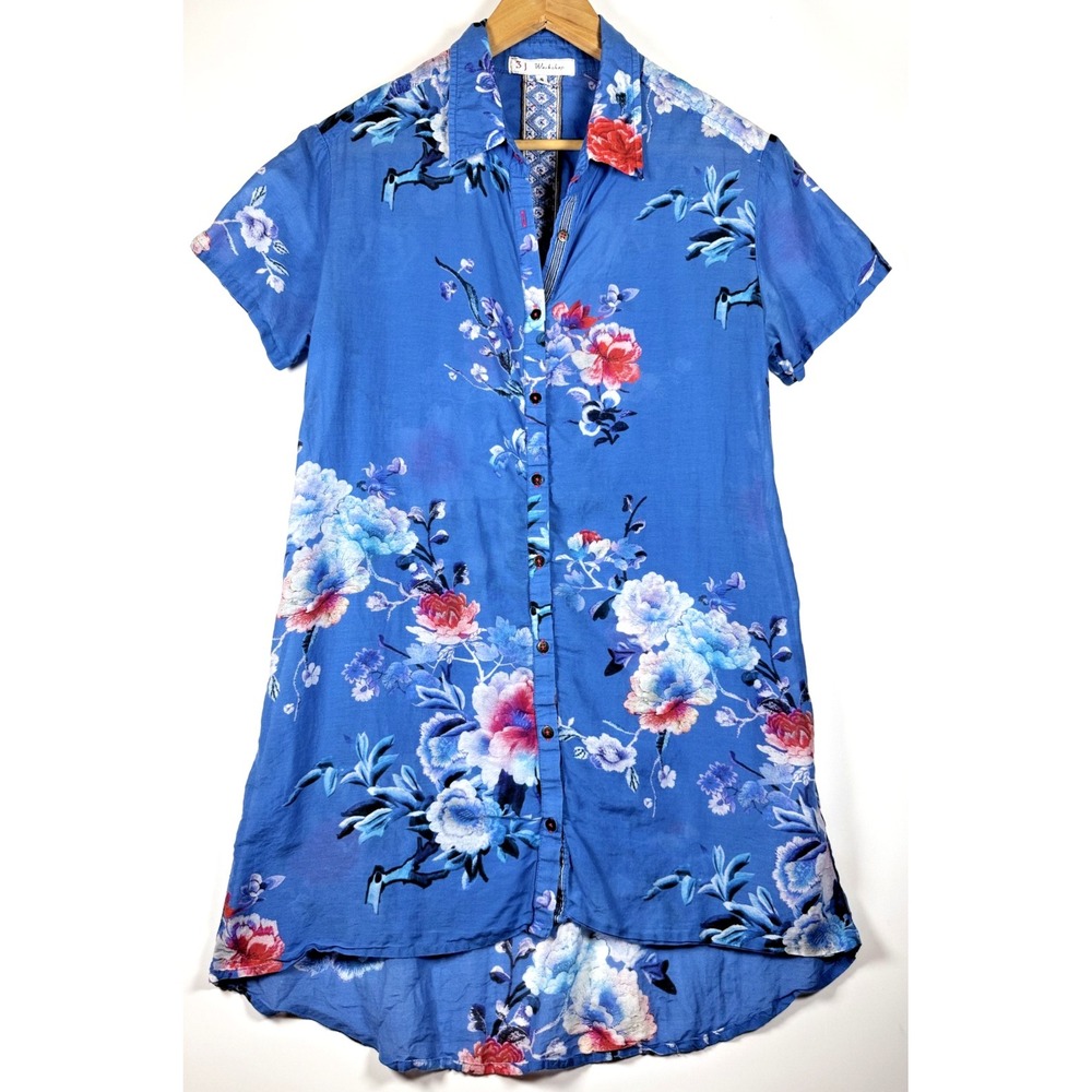 3J Workshop Johnny Was Tunic Top Small Blue Silk Cotton Floral Button Front